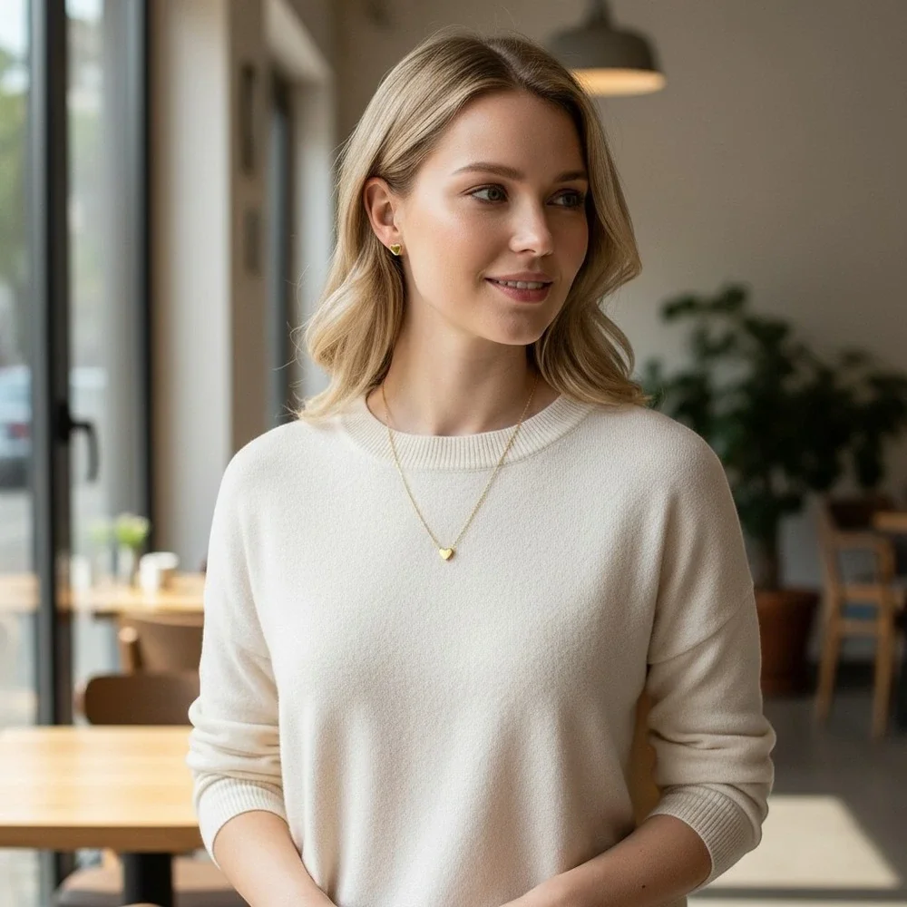 Gold Heart Necklace and Earring Set Stainless Steel Minimalist Jewelry
